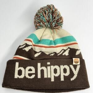 BE HIPPY Beanie Toque Adult One Size Brown Teal Knit Acrylic Mountain Ski Pom EX